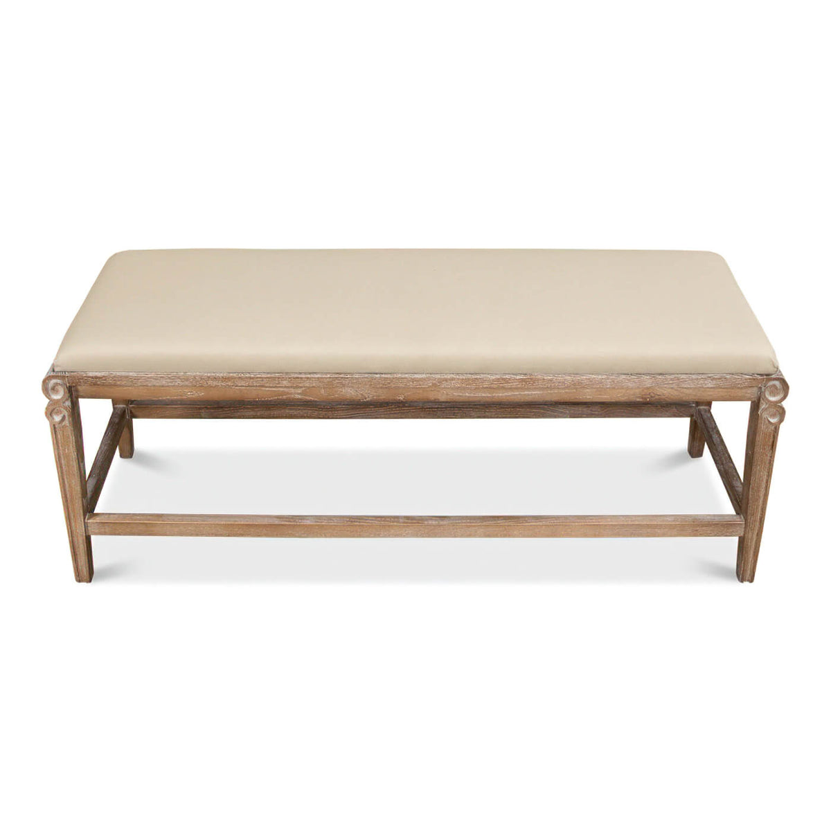 Modern Whitewash and Linen Upholstered Bench - English Georgian America