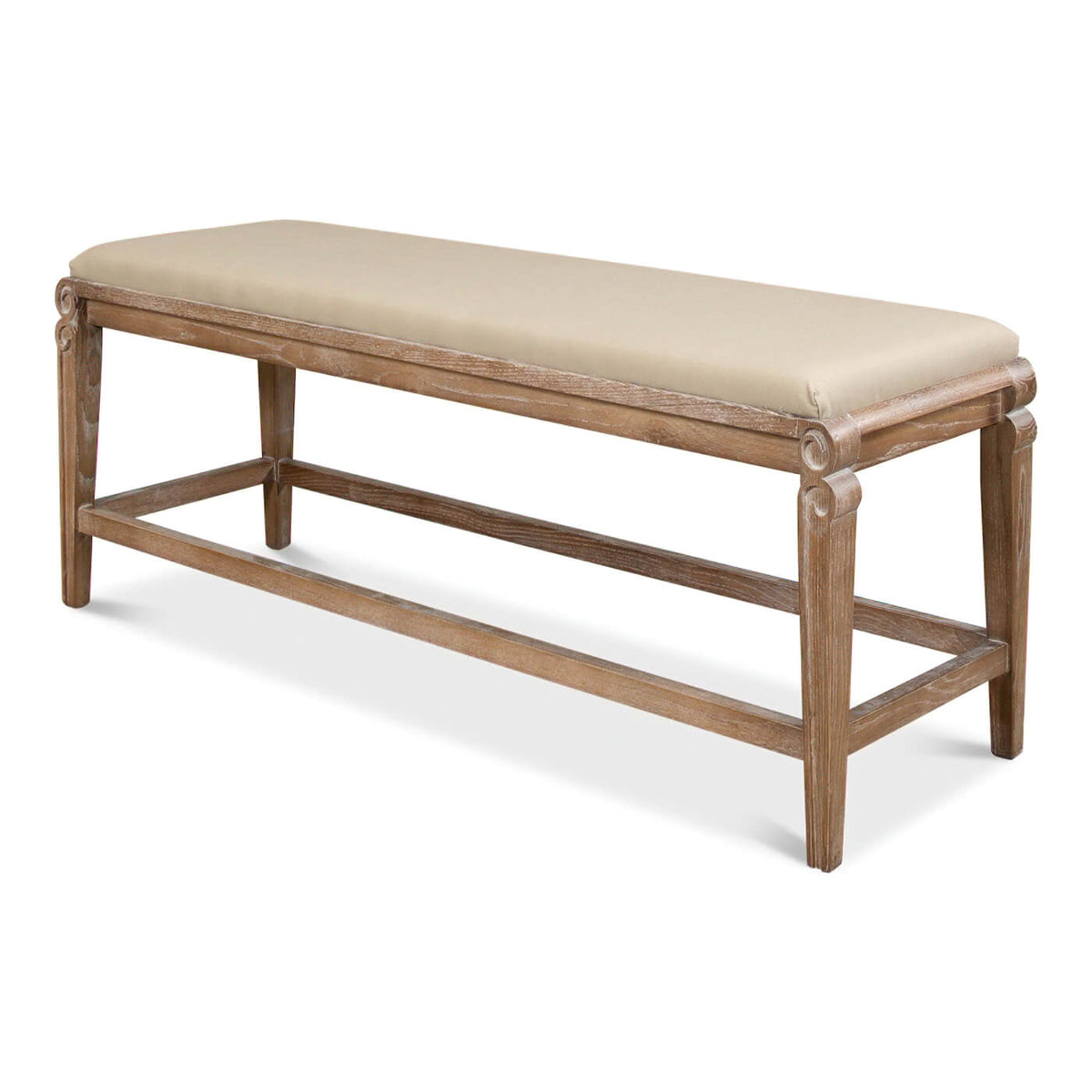 Modern Whitewash and Linen Upholstered Bench - English Georgian America