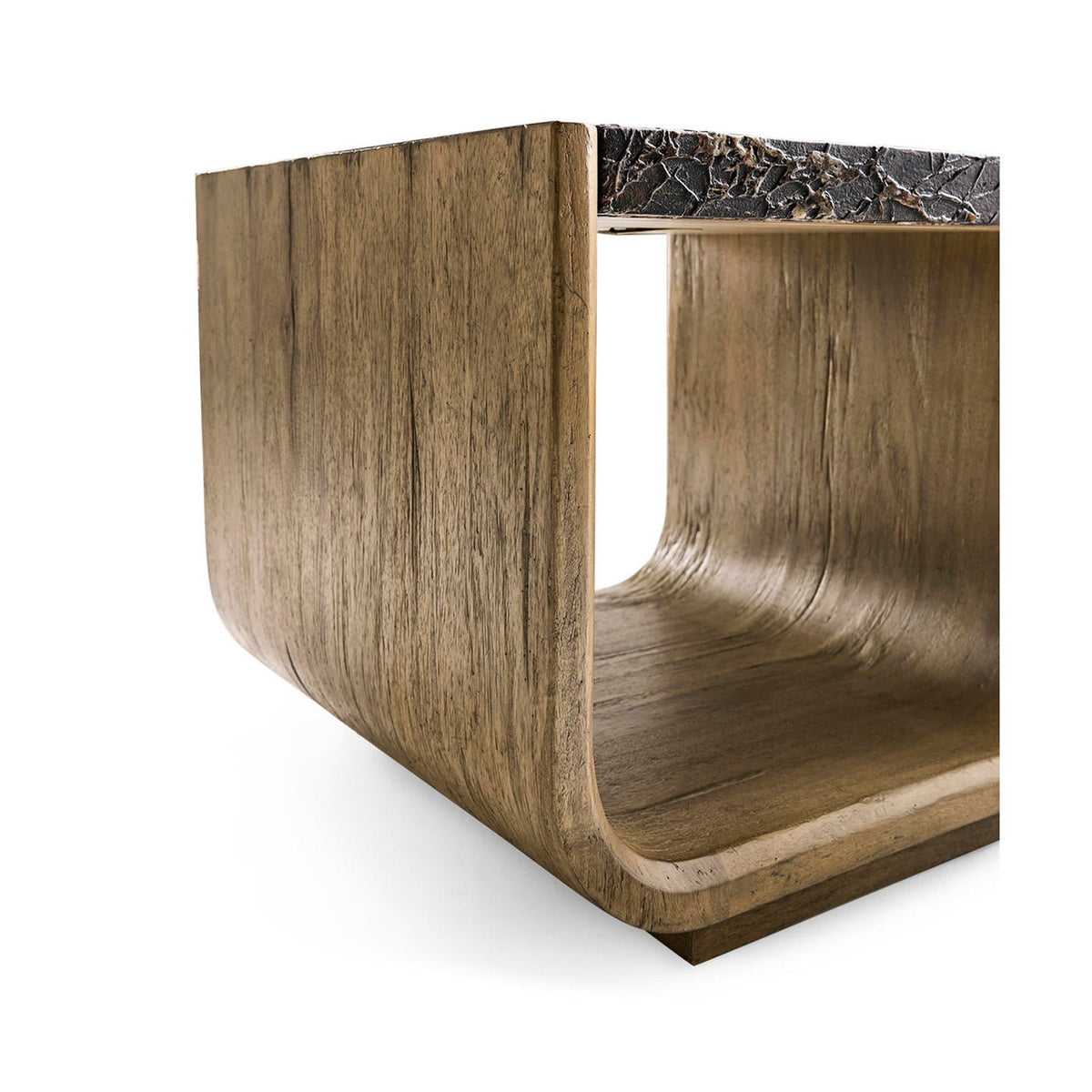 Close-up of wood and stone table design.