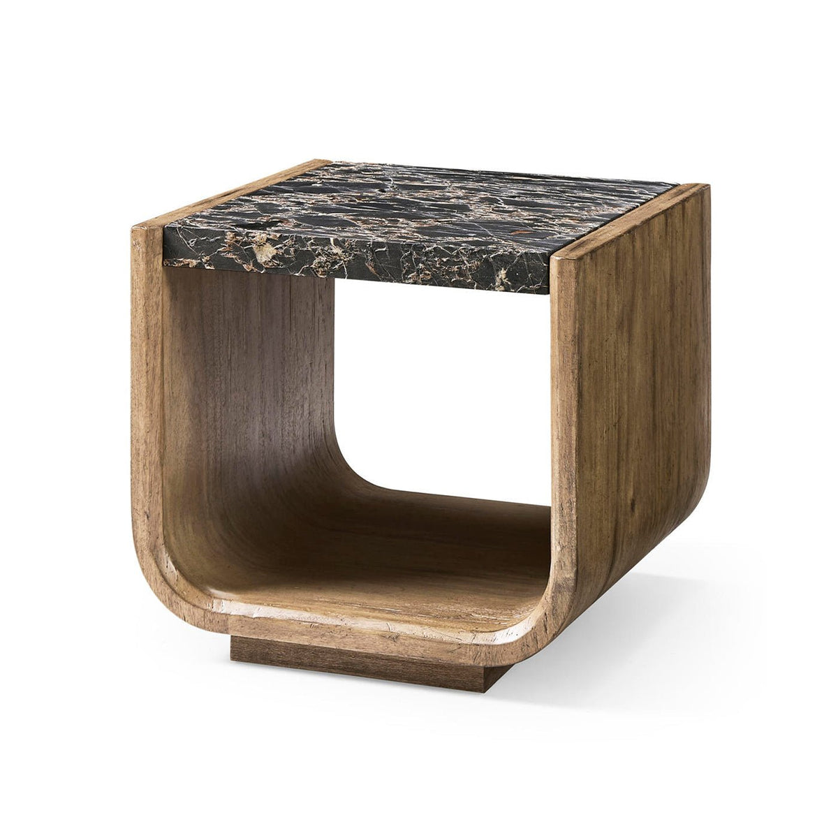 Organic modern wood and stone side table angled view.