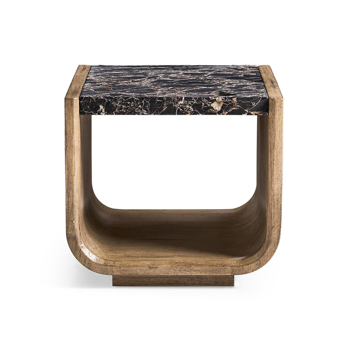 Front view of organic modern wood and stone side table.