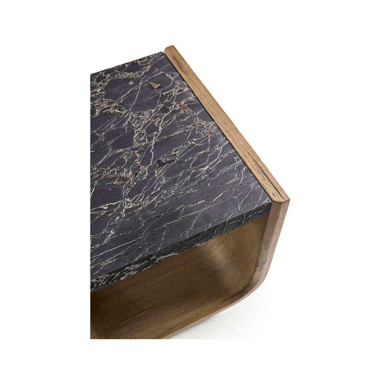 Top corner stone detail of wood and stone side table.