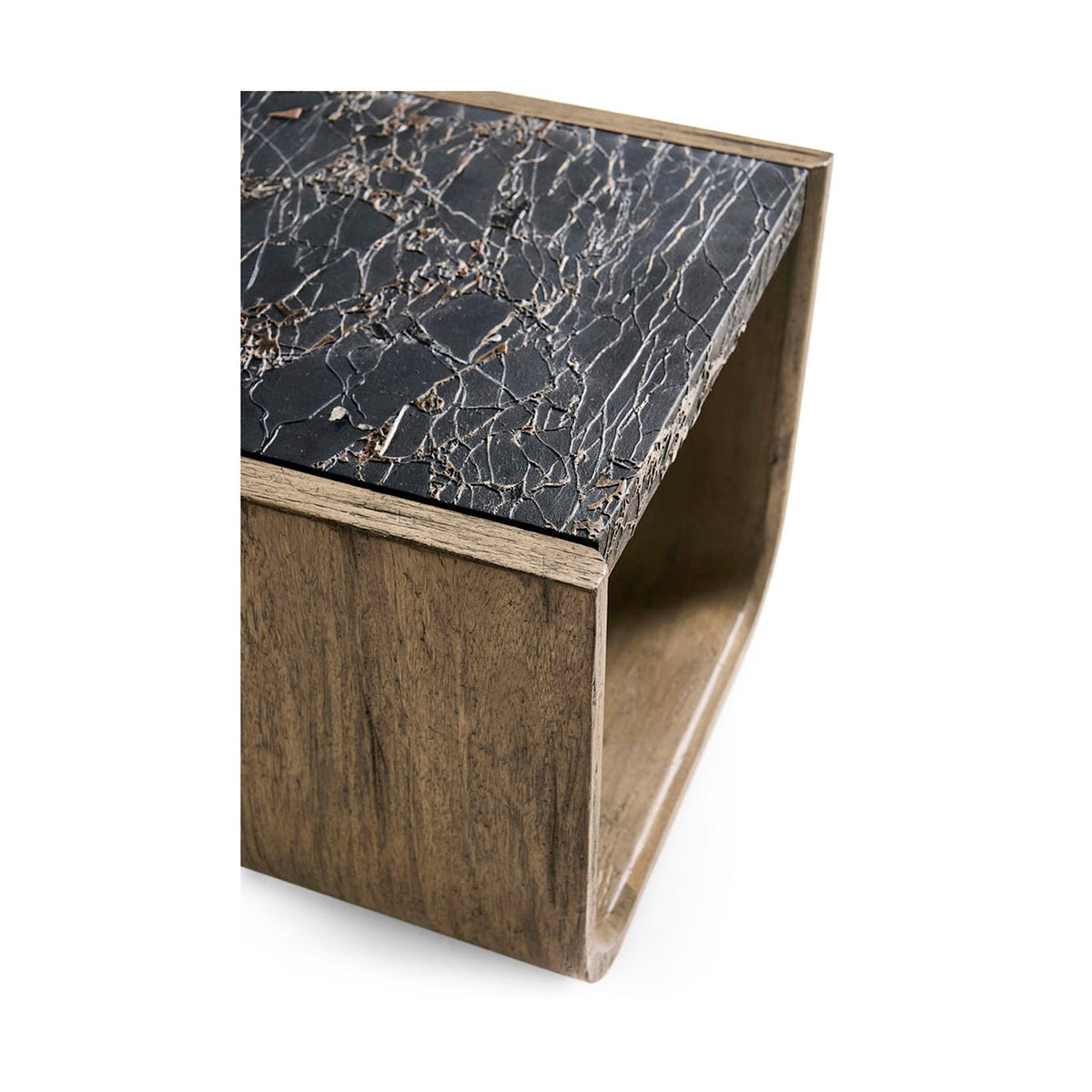 Corner view showing material contrast on stone side table.