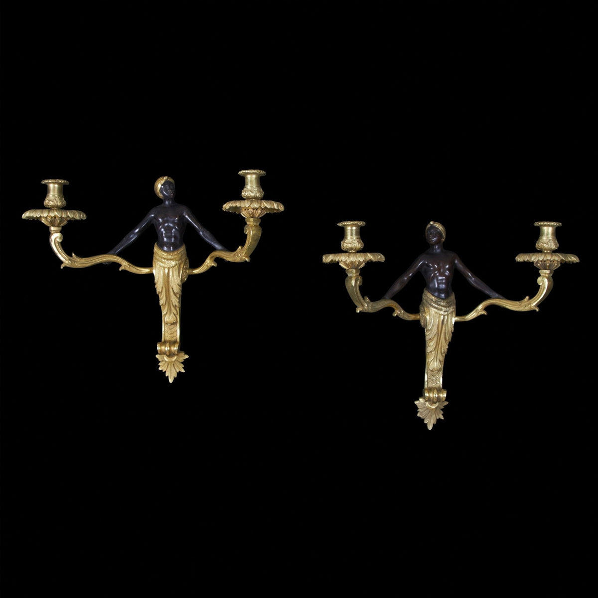 Pair Louis XV Bronze Nubian Two Light Sconces - English Georgian America