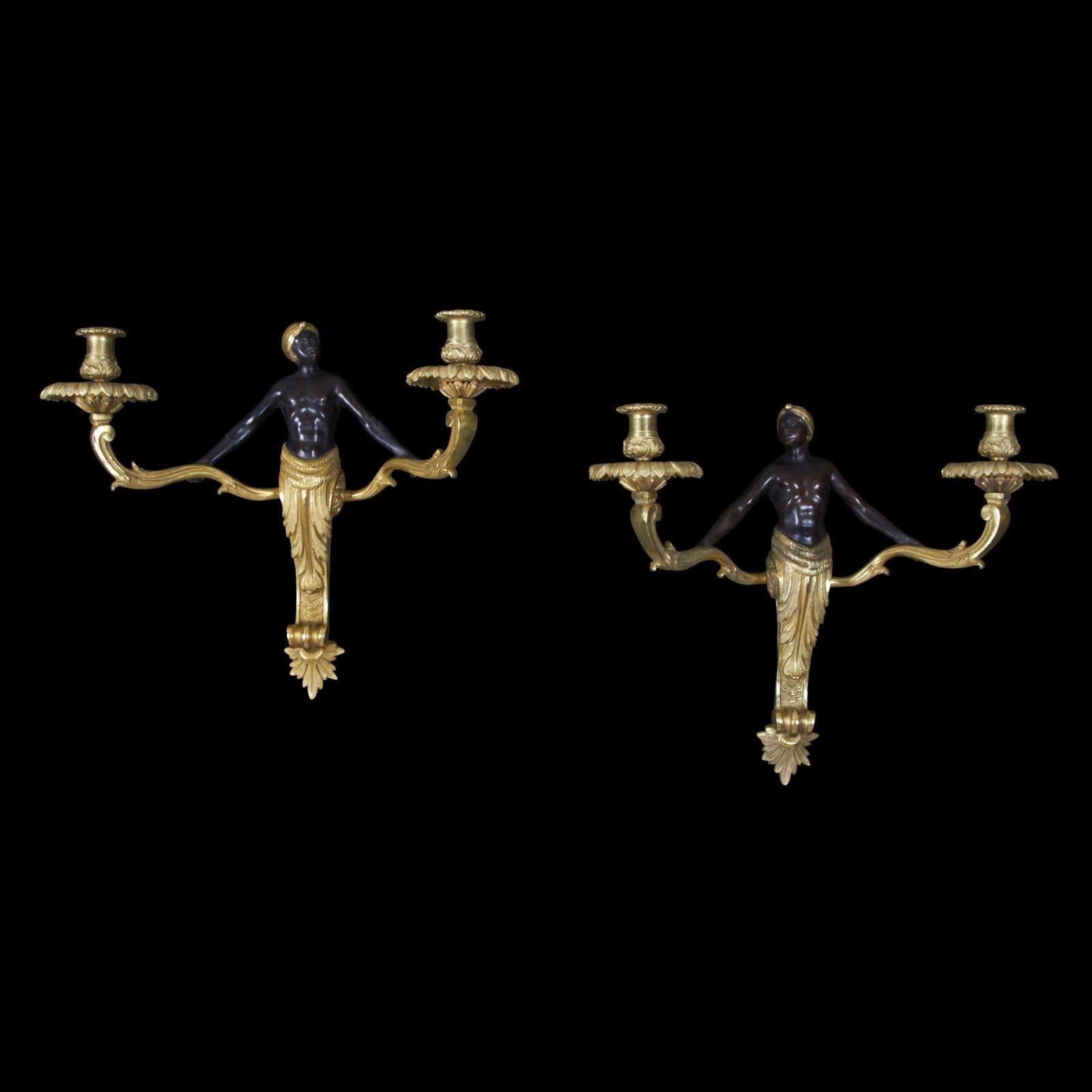 Pair Louis XV Bronze Nubian Two Light Sconces - English Georgian America