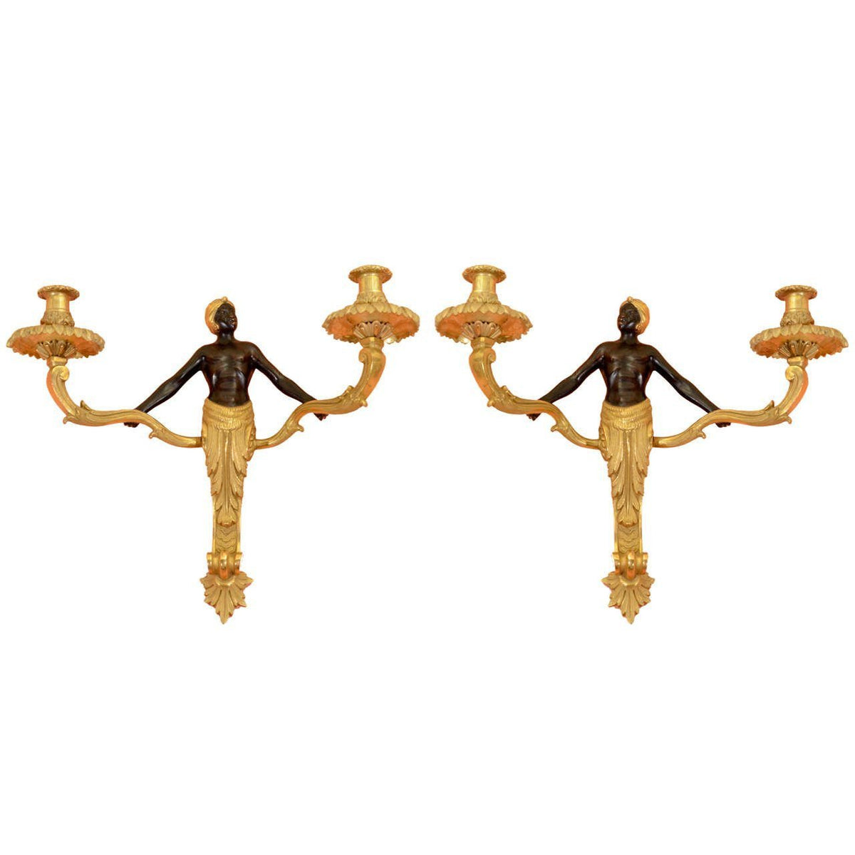 Pair Louis XV Bronze Nubian Two Light Sconces - English Georgian America