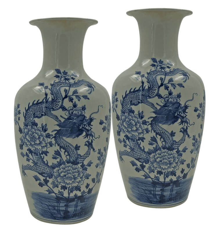 Pair of Chinese Blue and White Flared Dragon Vases - English Georgian America