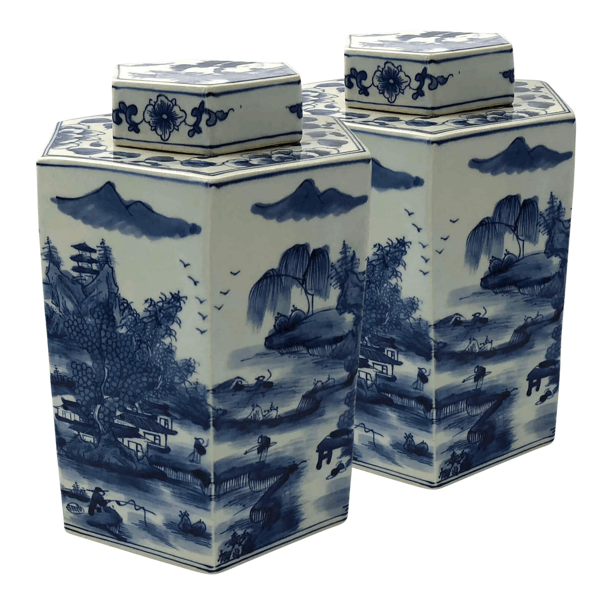 Pair of Chinese Blue and White Octagonal Tea Canisters - English Georgian America