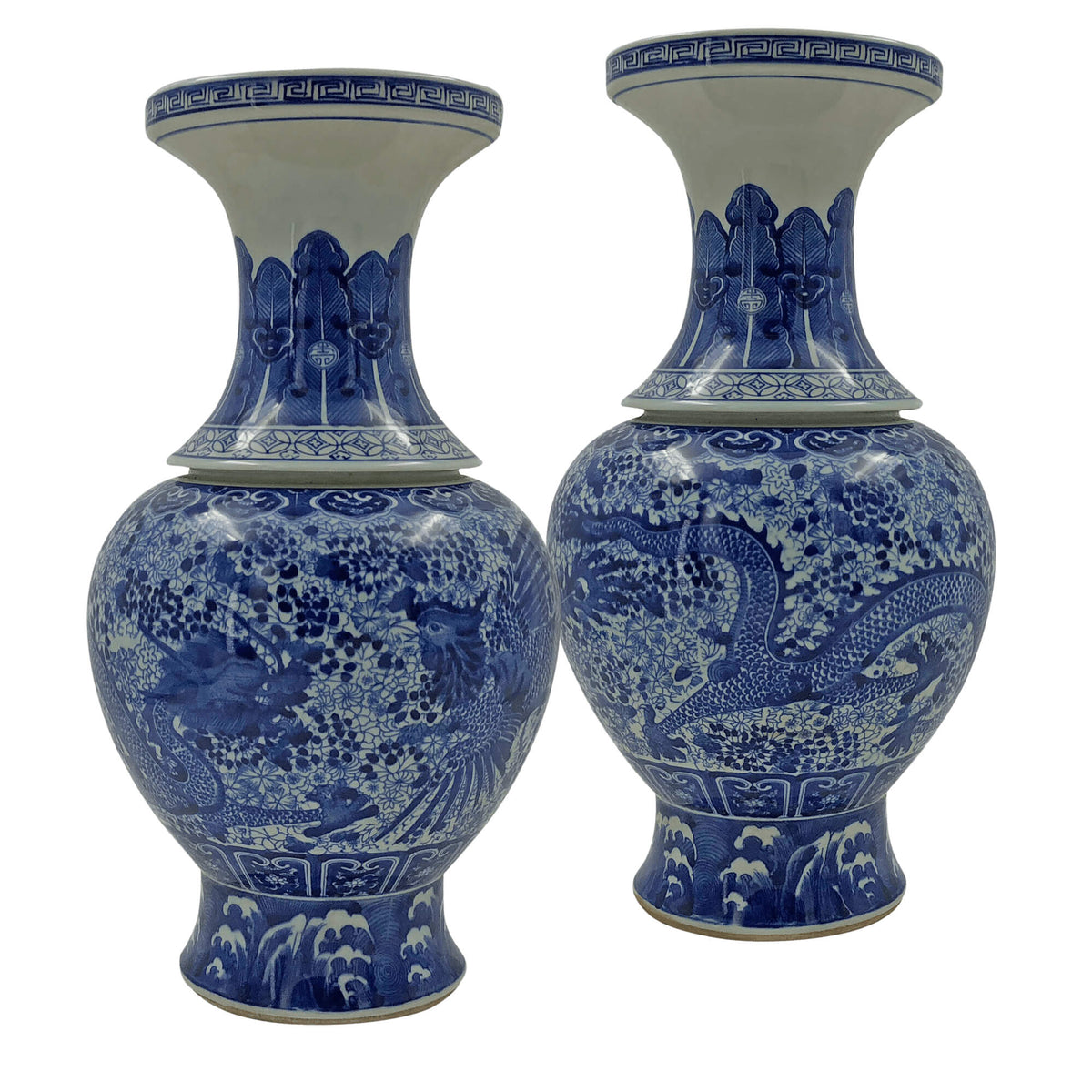 Pair of Chinese Blue and White Ridged Dragon Vases - English Georgian America