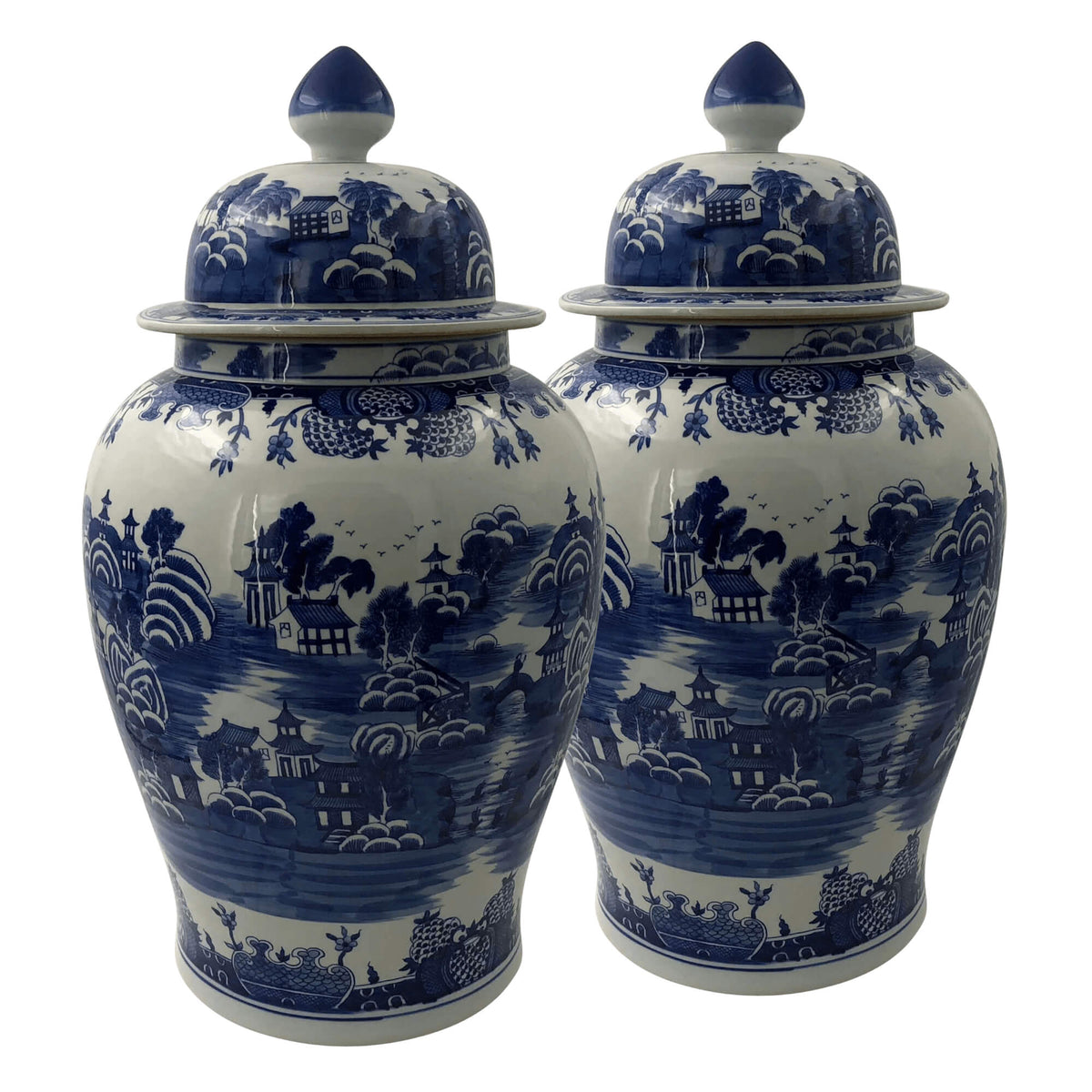 Pair of Chinese Blue and White River Scene Ginger Jars - English Georgian America