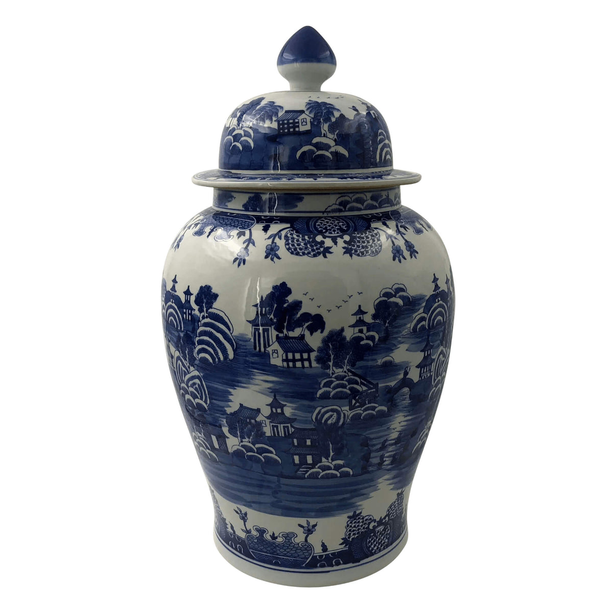 Pair of Chinese Blue and White River Scene Ginger Jars - English Georgian America
