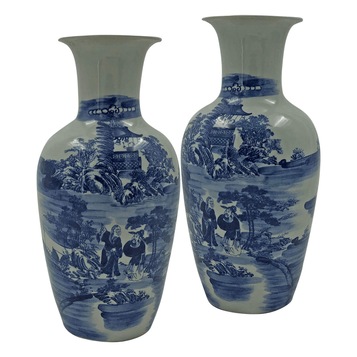 Pair of Chinese Blue and White River Vases - English Georgian America