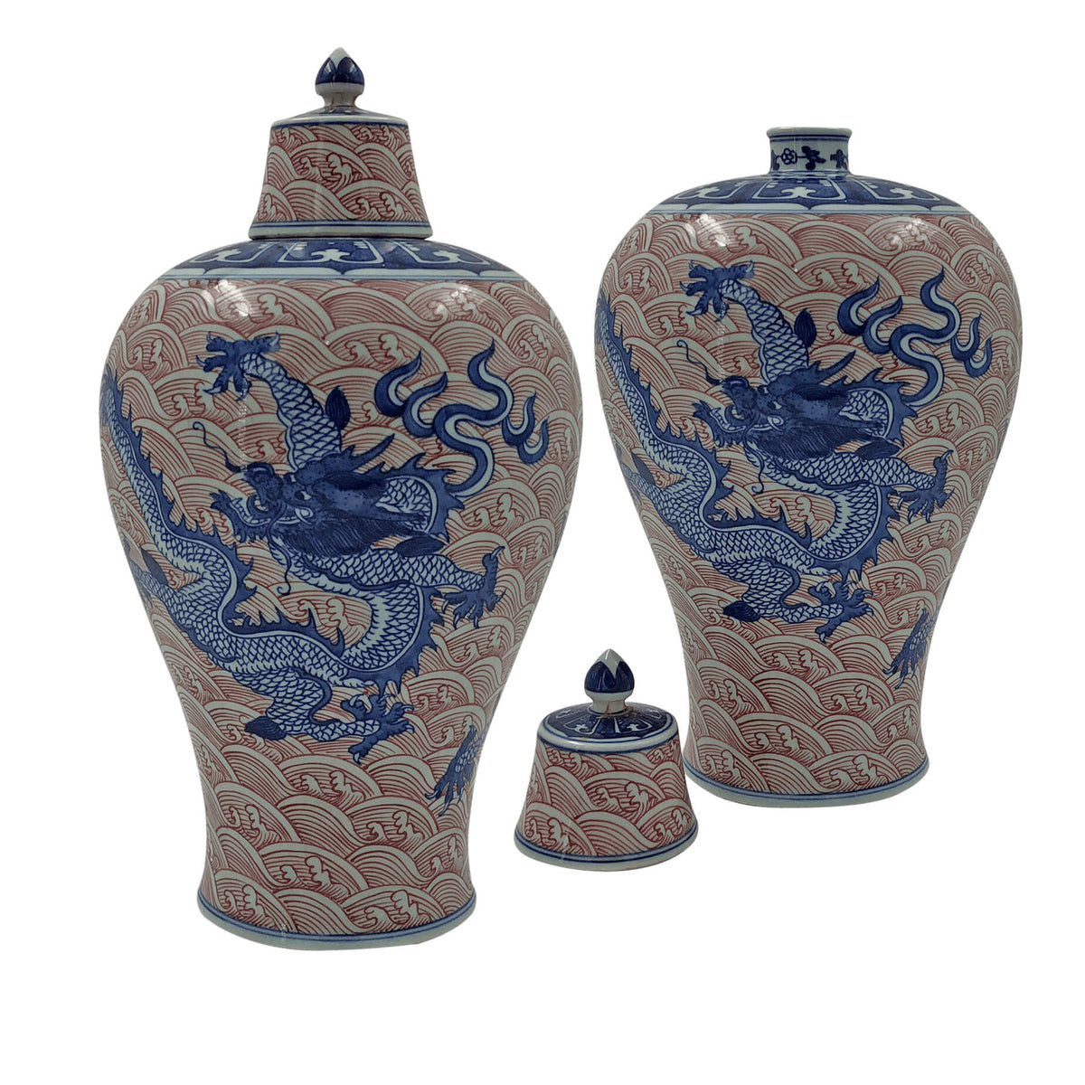 Pair of Chinese Blue Dragon Lidded Vases - English Georgian America