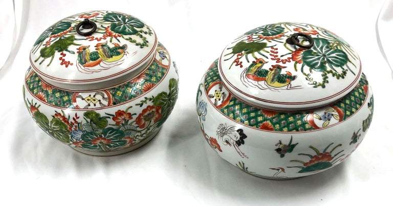 Pair of Chinese Famille Verte Lidded Jars - English Georgian America
