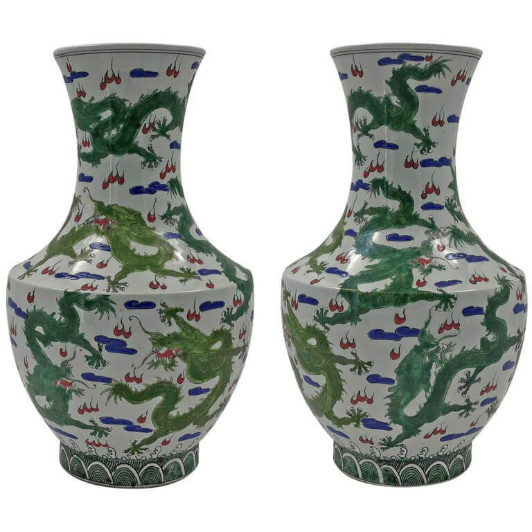 Pair of Chinese Green Dragon Hu-Shaped Vases - English Georgian America