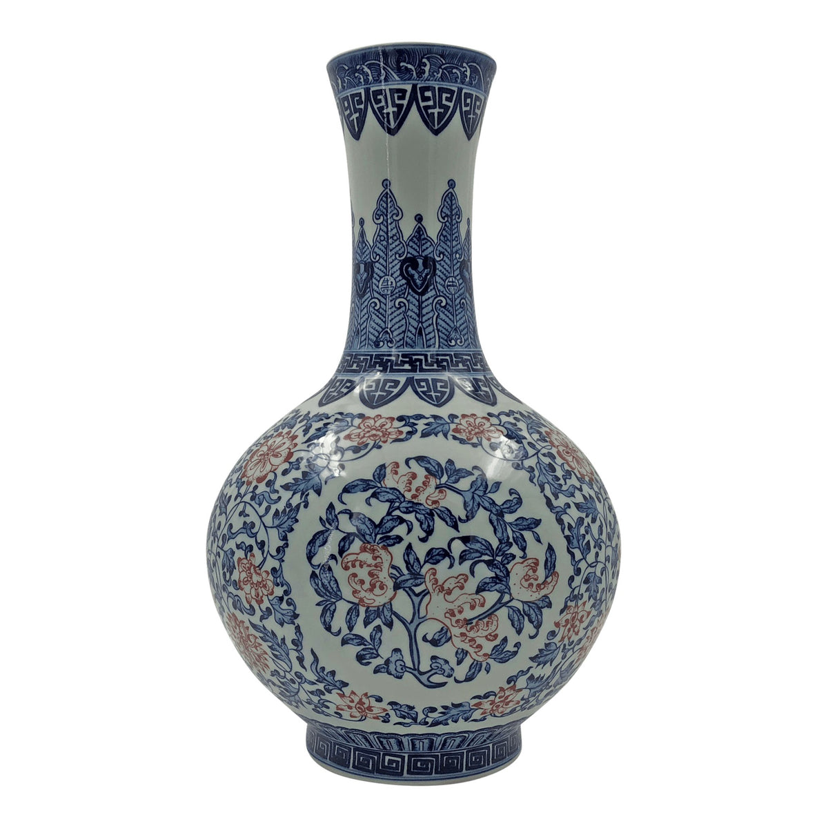 Pair of Chinese Iron Red, Blue and White Bottle Vases - English Georgian America