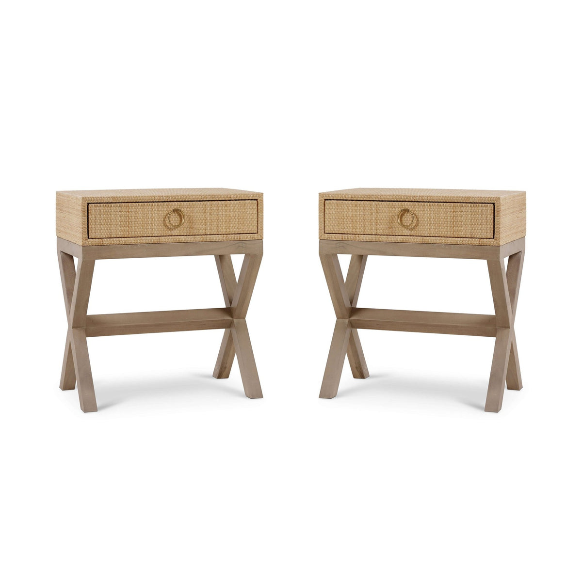 Pair of Coastal Rattan Nightstands - English Georgian America