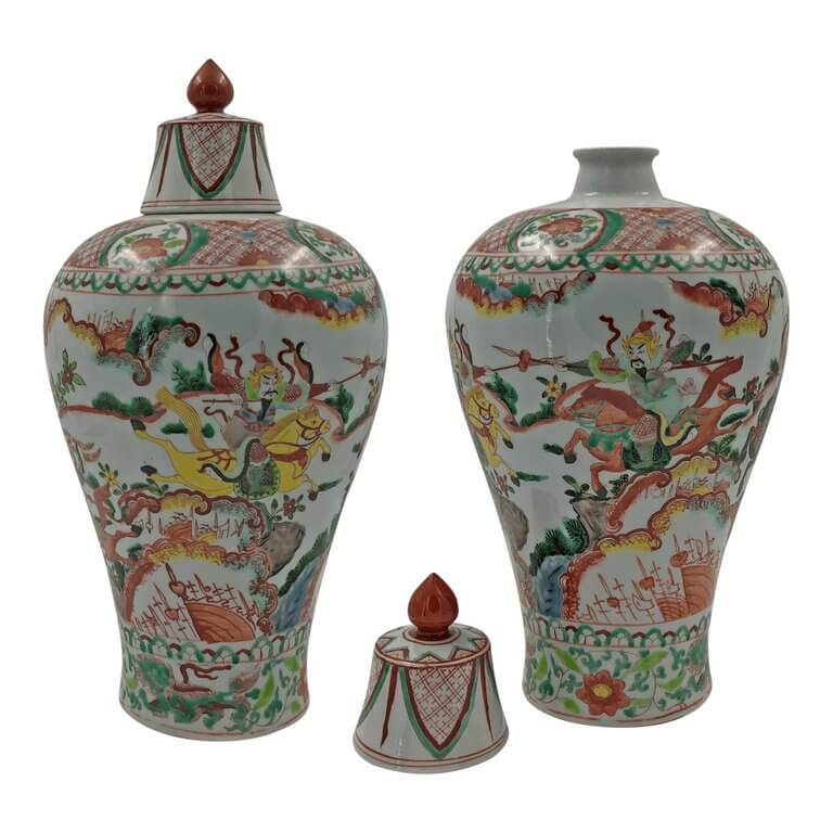 Pair of Famille Rose Warrior Jars - English Georgian America