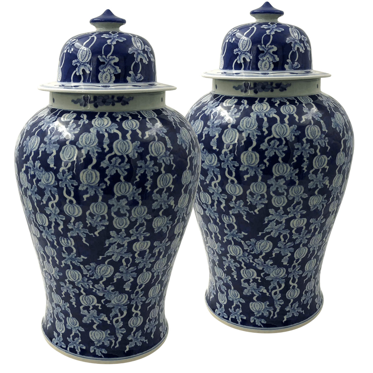 Pair of Hand Painted Blue and White Ginger Jars - English Georgian America