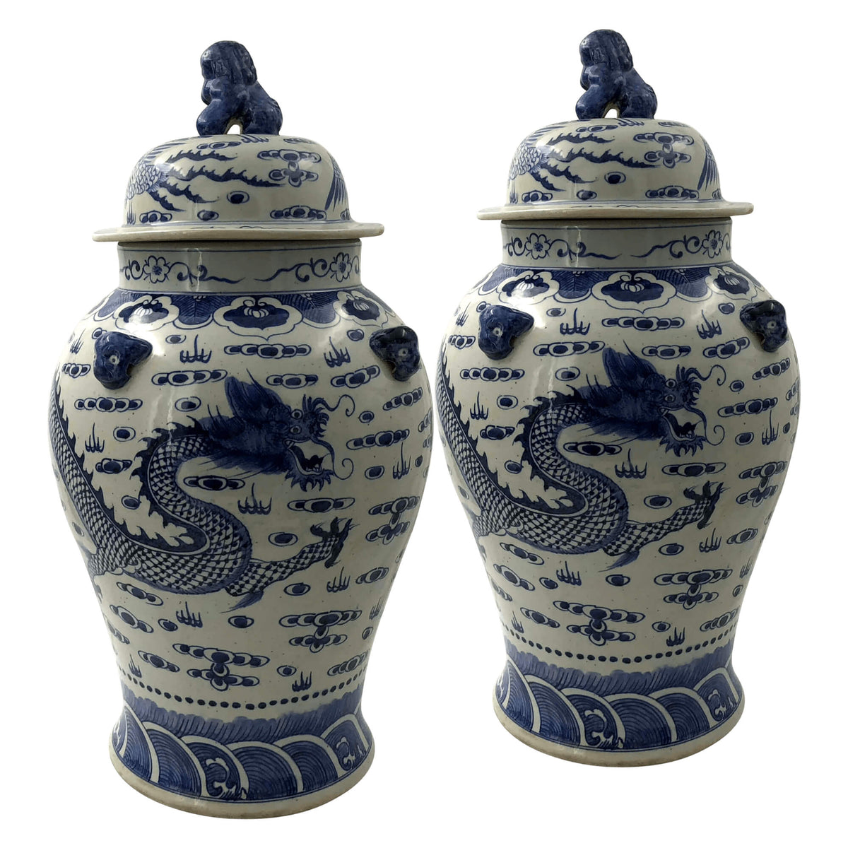 Pair of Large Hand Painted Dragon Ginger Jars - English Georgian America