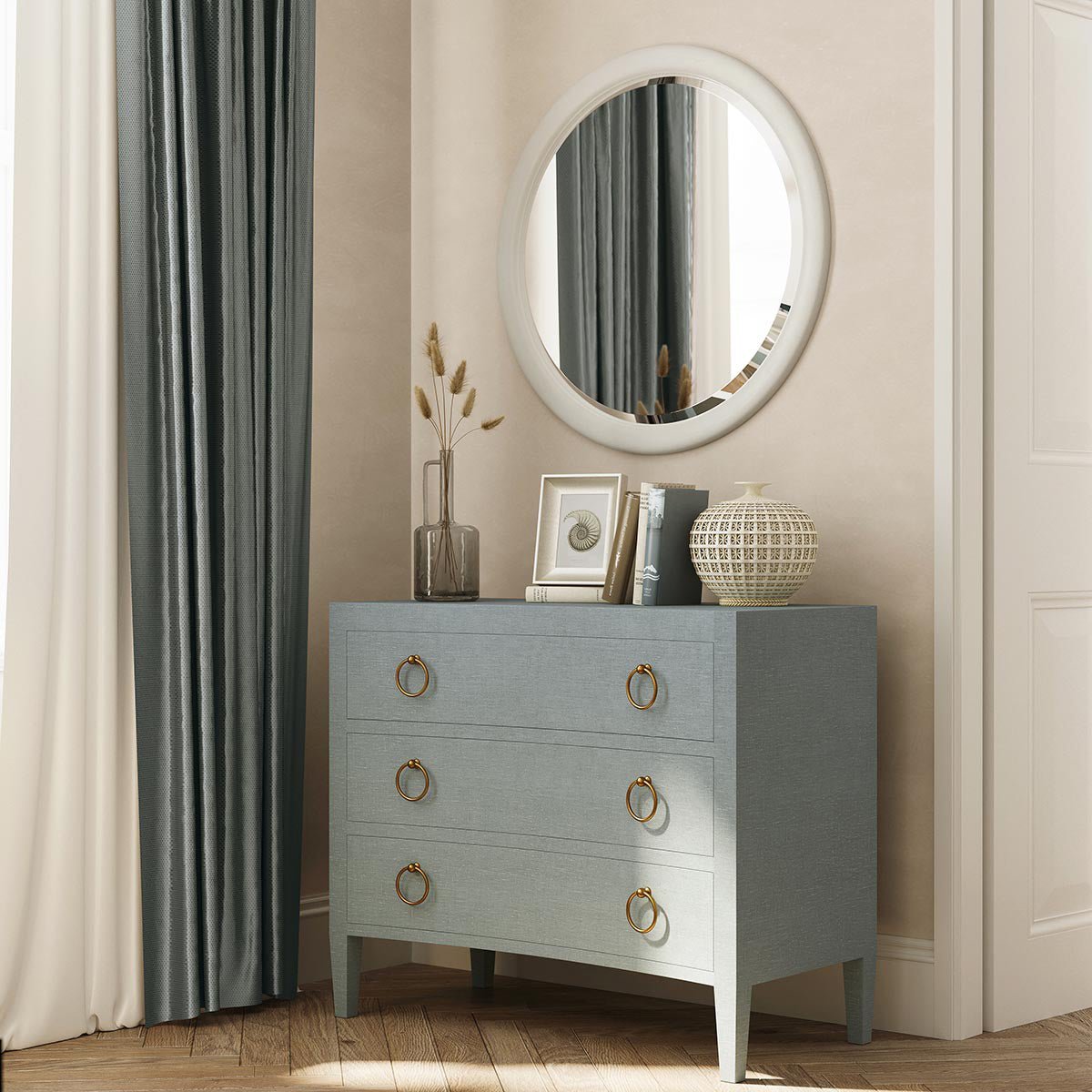 Pale Blue Linen Wrapped Modern Chest of Drawers - English Georgian America