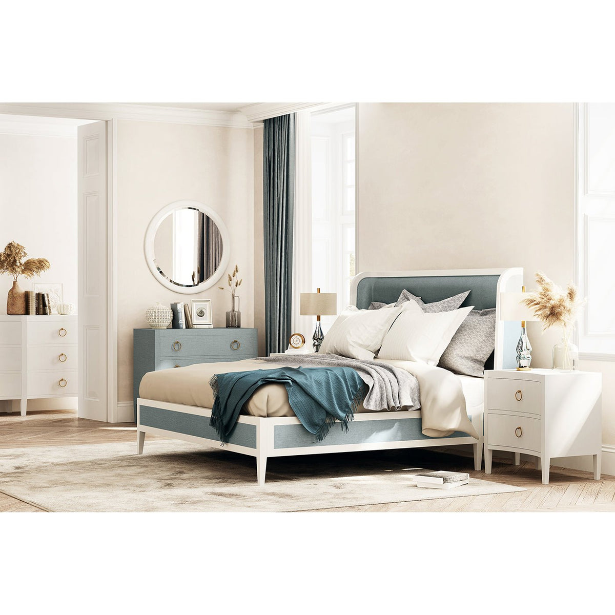 Pale Blue Linen Wrapped Modern Chest of Drawers - English Georgian America