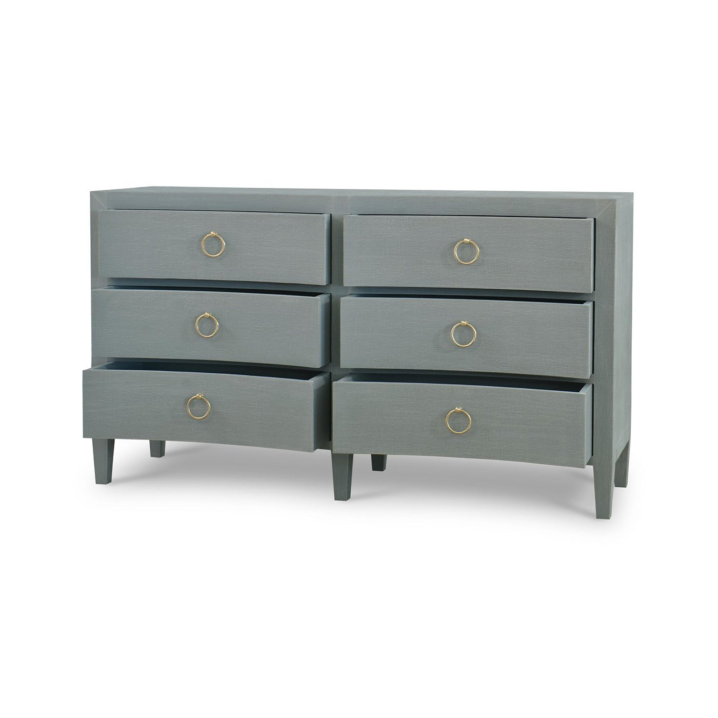 Pale Blue Linen Wrapped Modern Dresser - Stylish and Elegant Storage - English Georgian America Pale Blue Linen Wrapped Modern Dresser - Stylish and Elegant Storage - English Georgian America