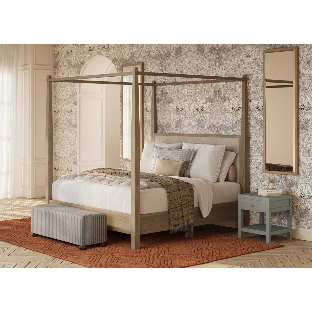 Pale Blue Wash Raffia Wrapped Nightstand - English Georgian America