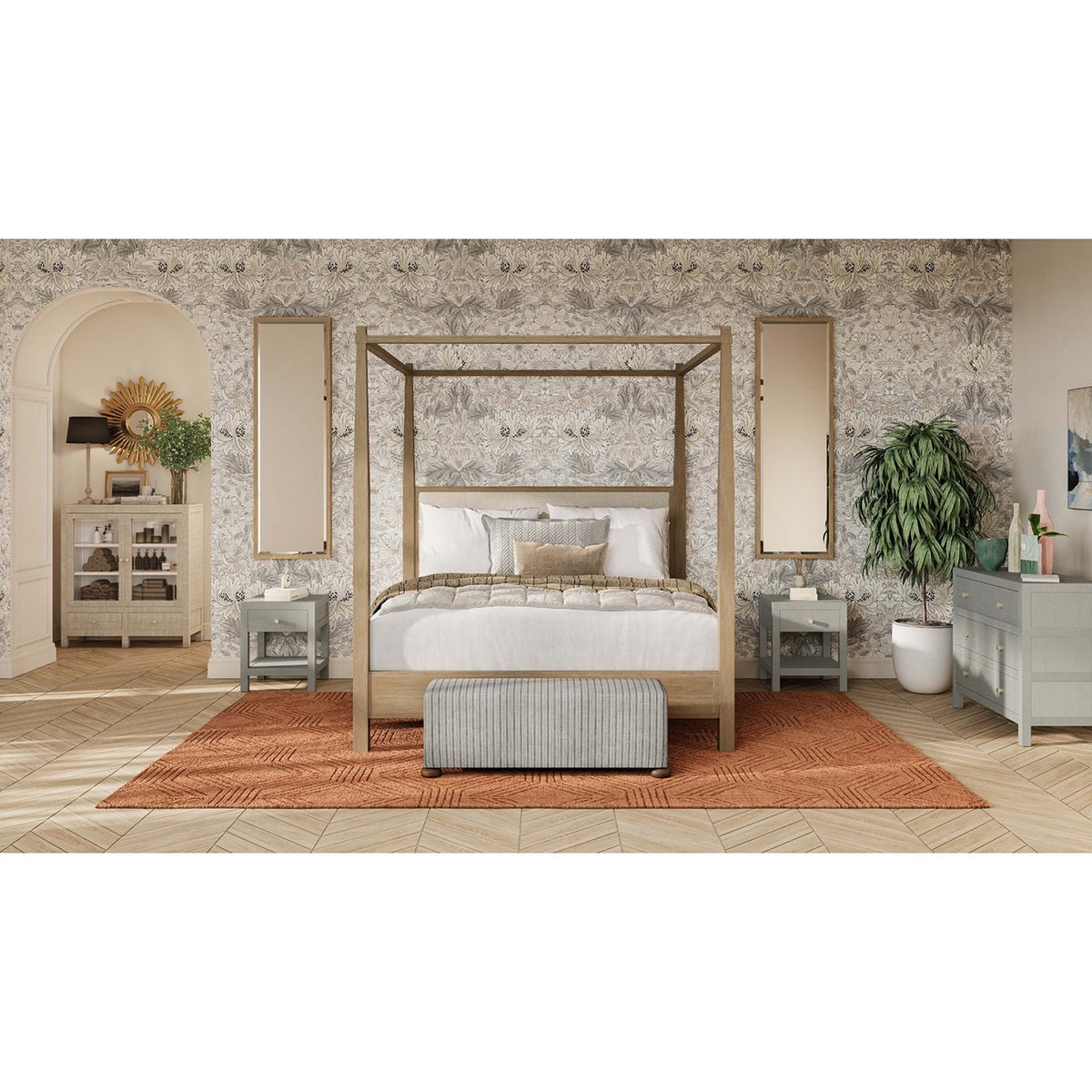 Pale Blue Wash Raffia Wrapped Nightstand - English Georgian America