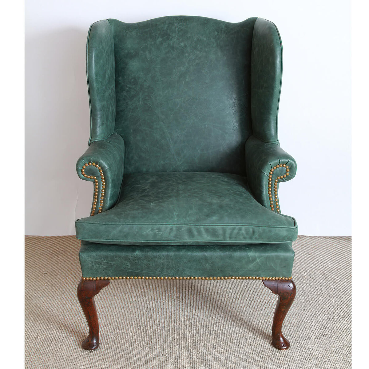 Queen Anne Leather Upholstered Wingchair - English Georgian America