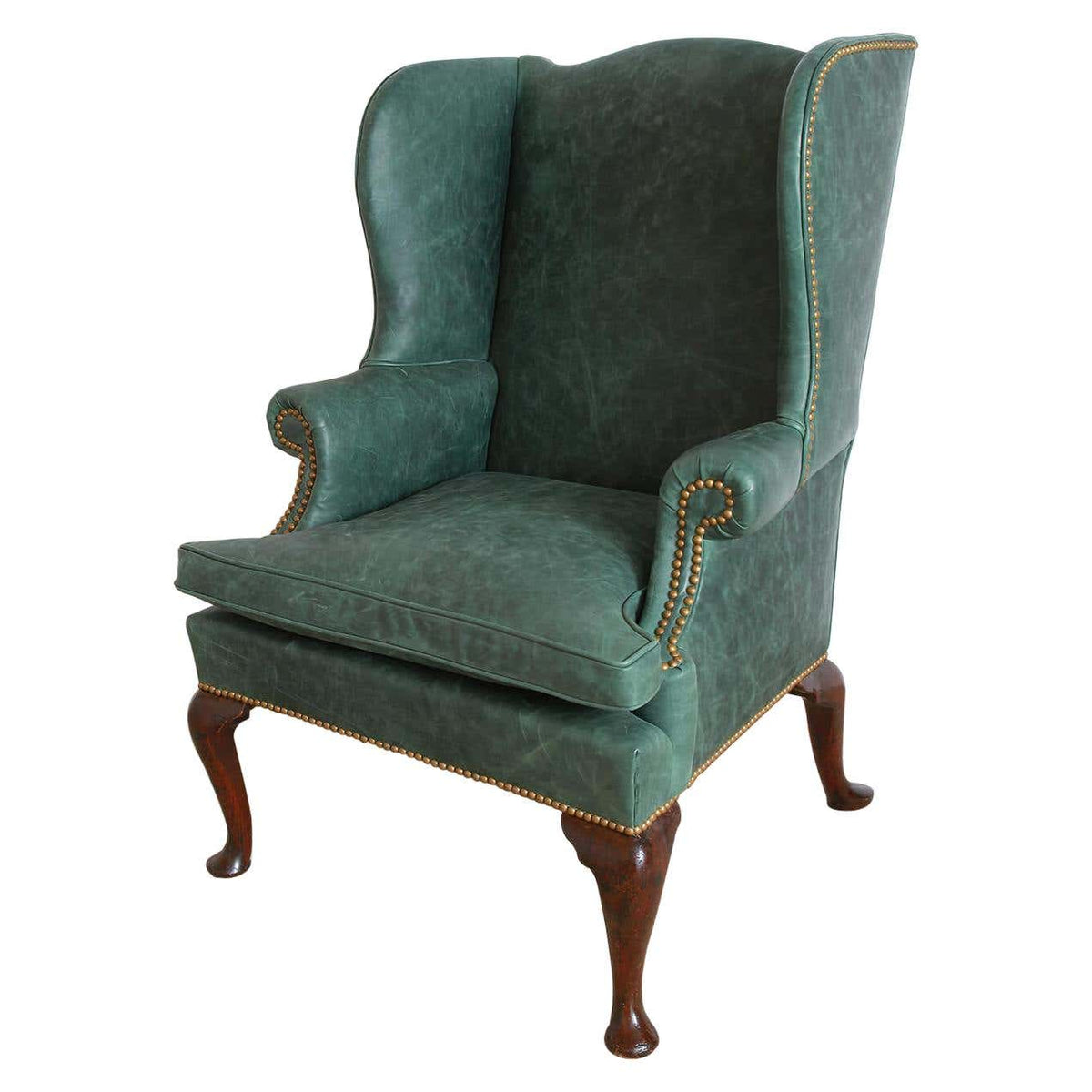 Queen Anne Leather Upholstered Wingchair - English Georgian America