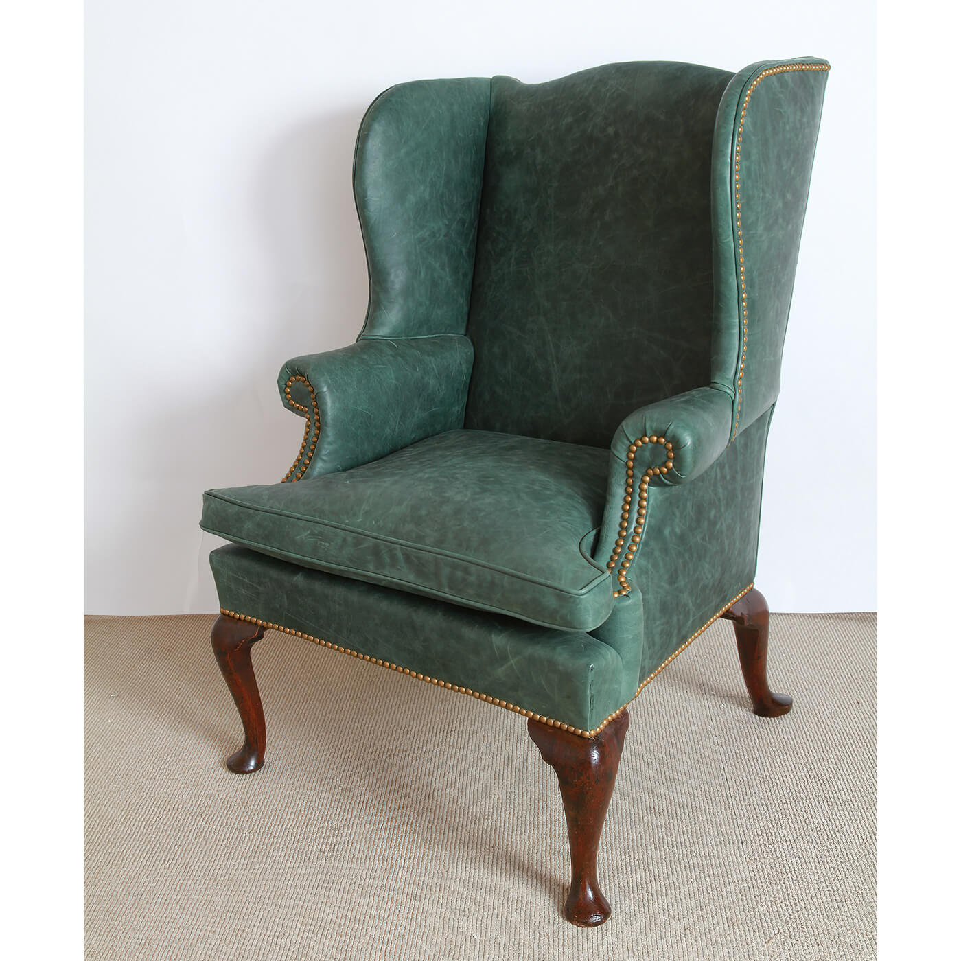 Queen Anne Leather Upholstered Wingchair - English Georgian America