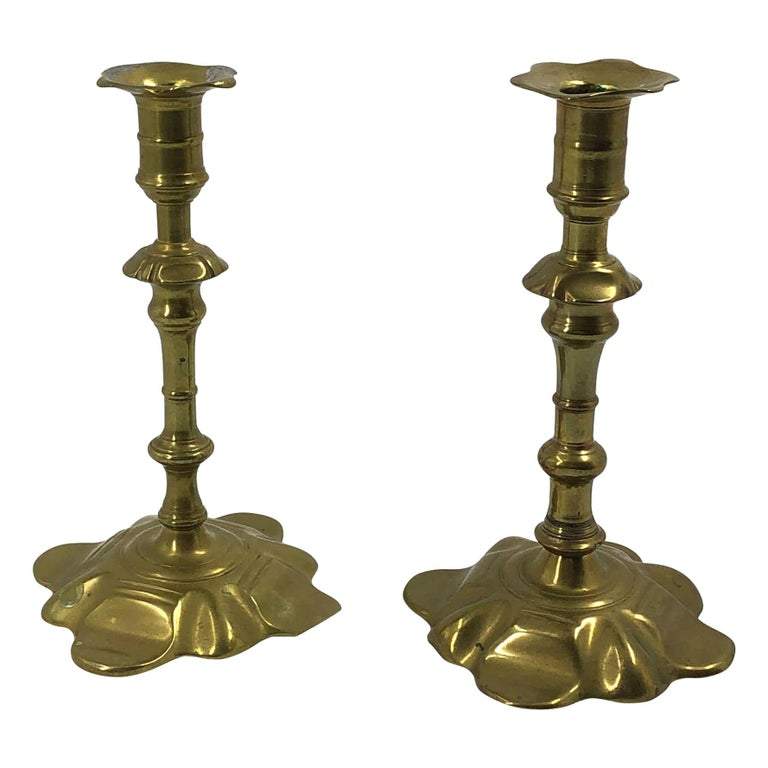 Rare Pair of Queen Anne Brass Candlesticks - English Georgian America