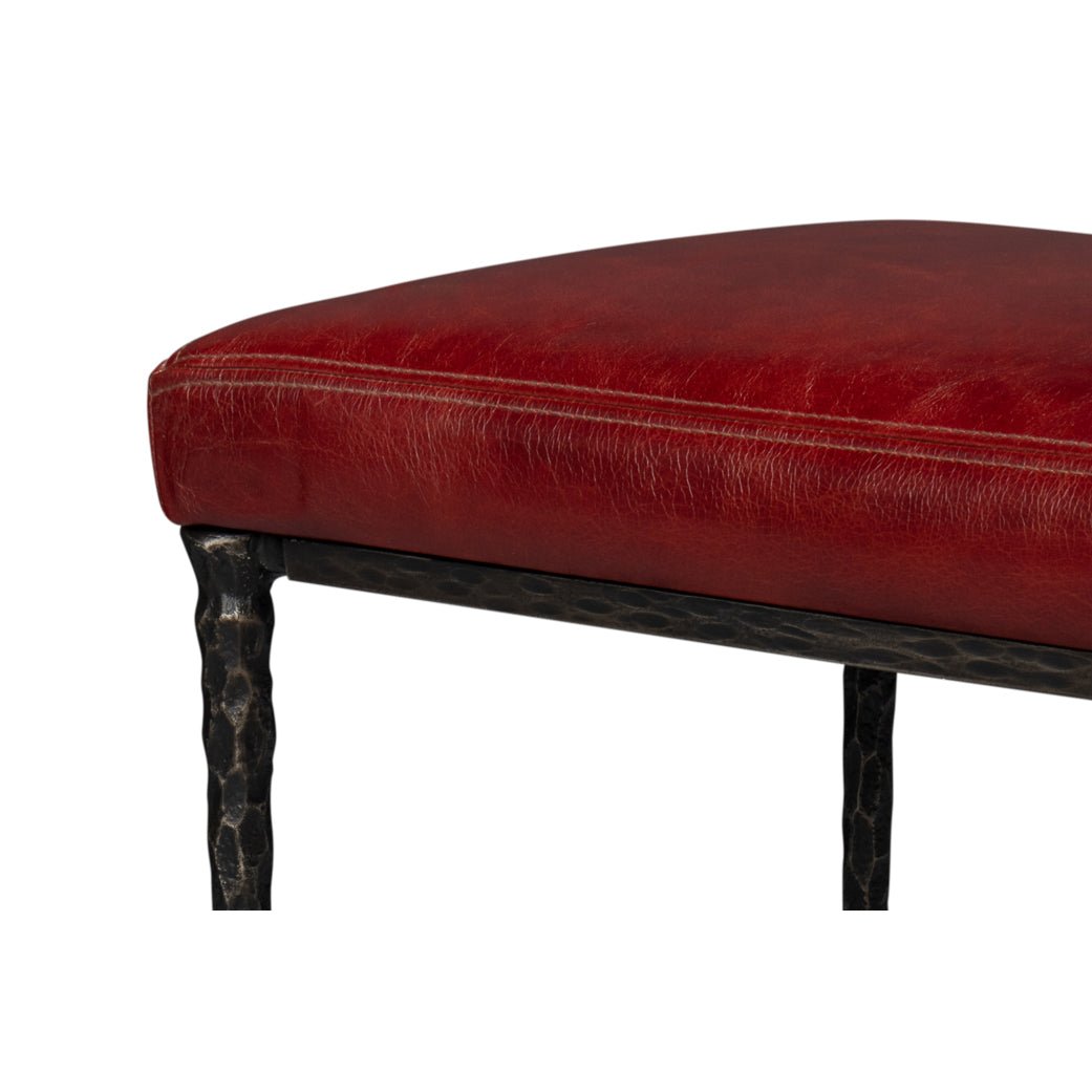 Red Leather and Iron Rustic Small Bench - English Georgian America