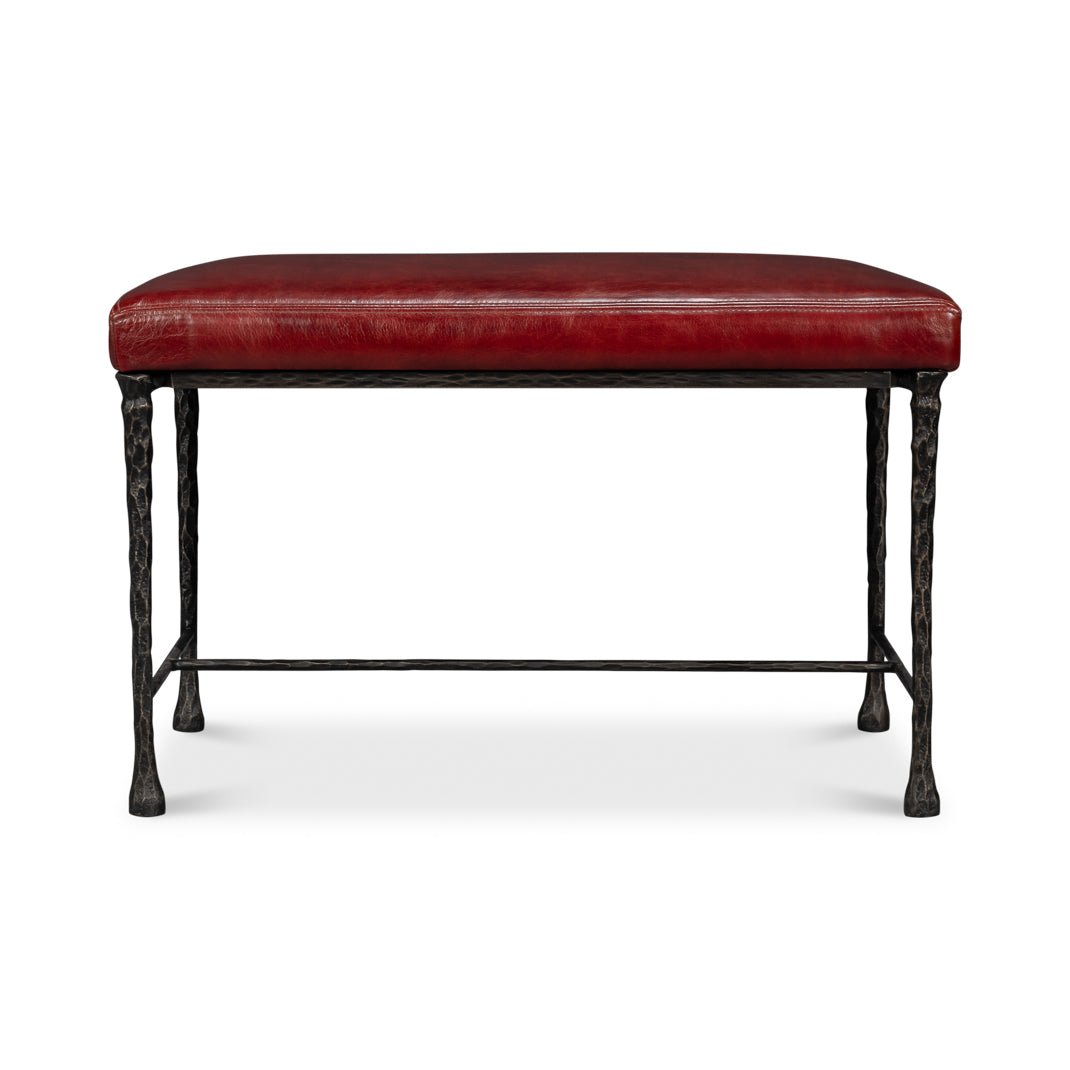 Red Leather and Iron Rustic Small Bench - English Georgian America