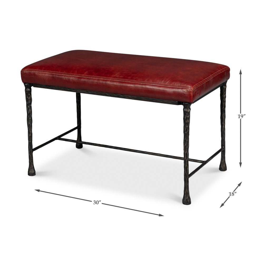 Red Leather and Iron Rustic Small Bench - English Georgian America