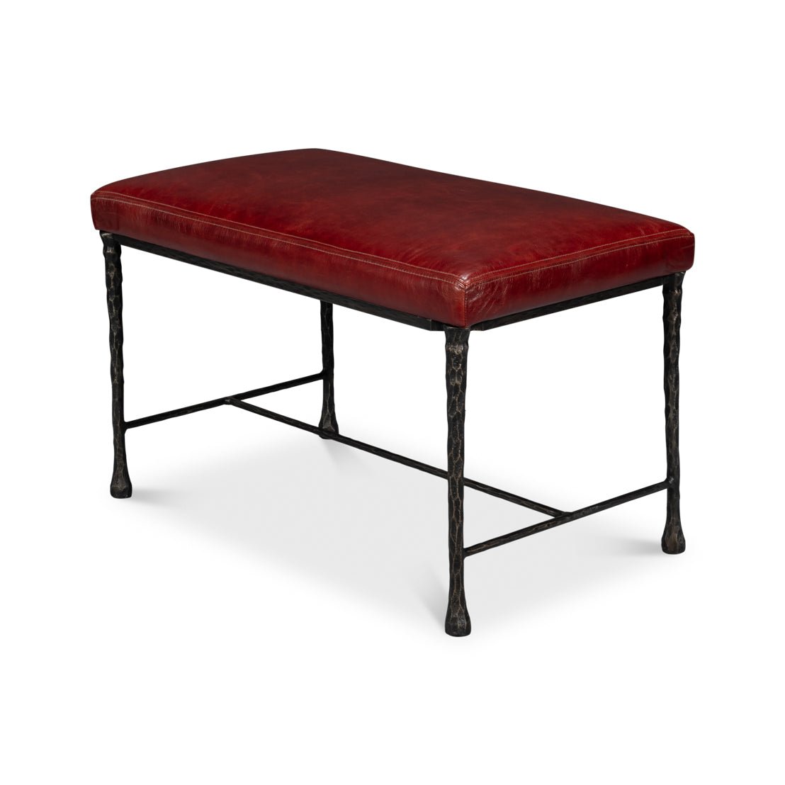Red Leather and Iron Rustic Small Bench - English Georgian America