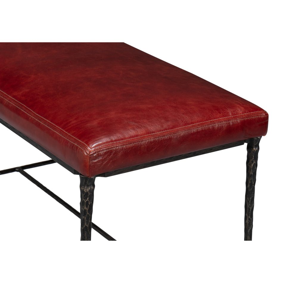 Red Leather and Iron Rustic Small Bench - English Georgian America