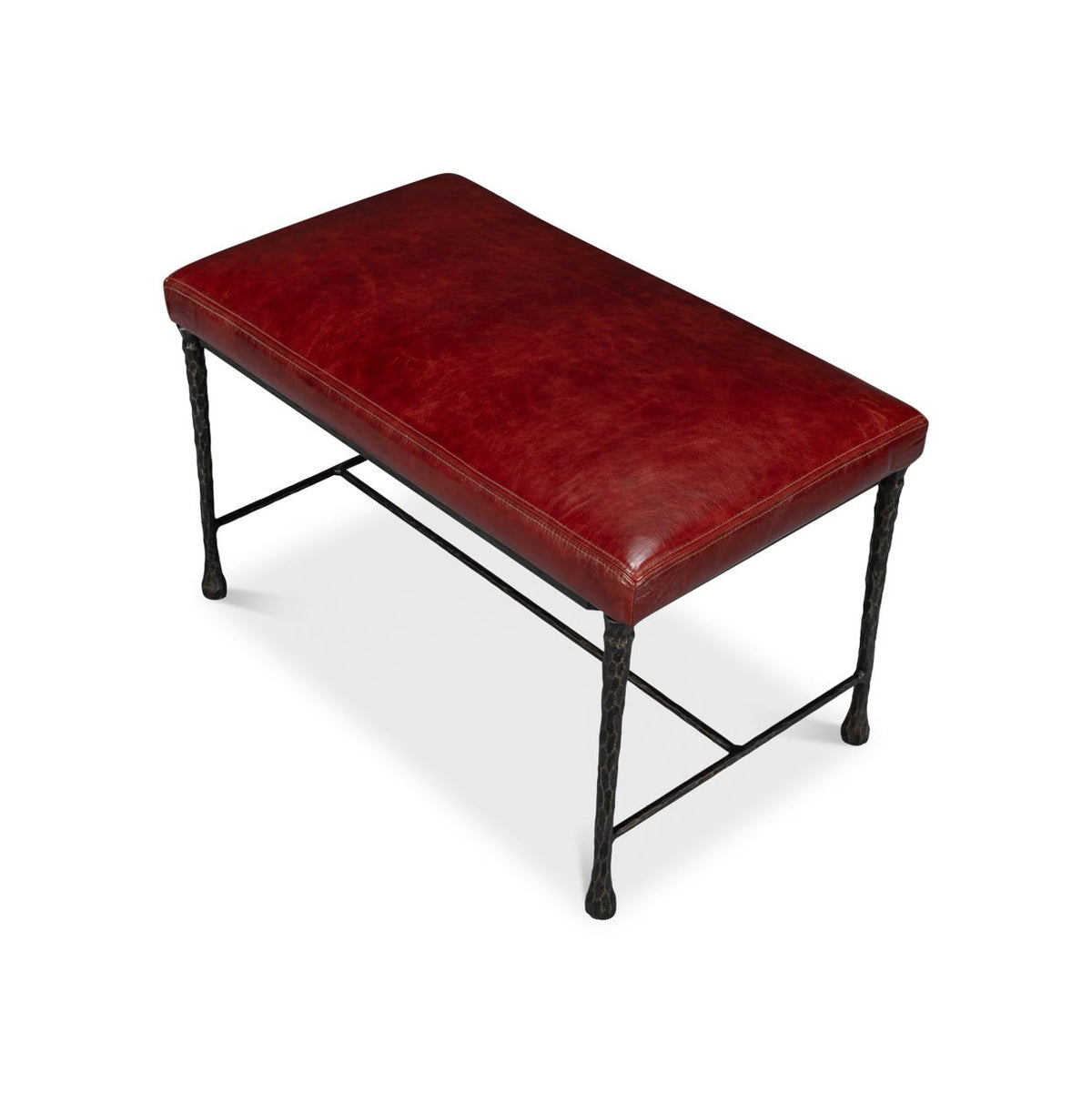 Red Leather and Iron Rustic Small Bench - English Georgian America