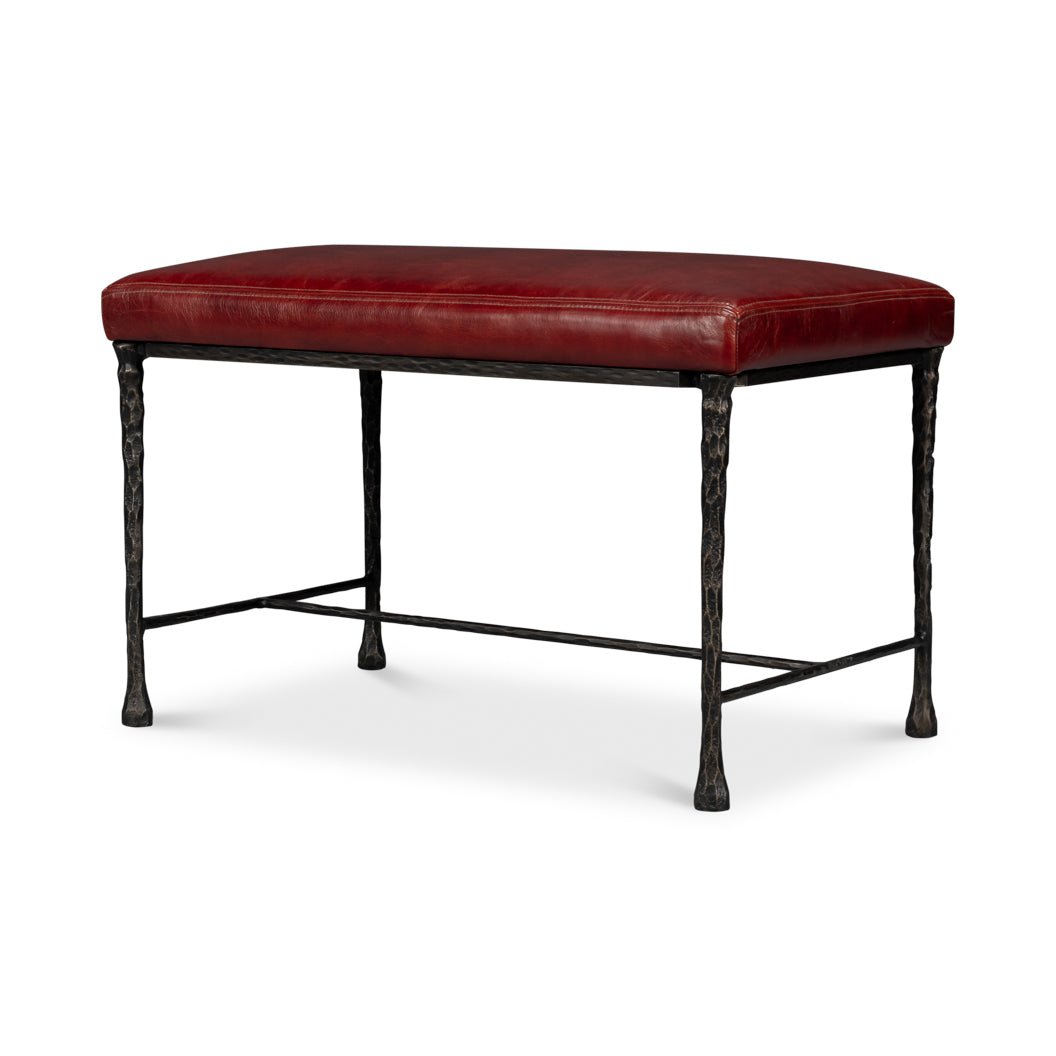 Red Leather and Iron Rustic Small Bench - English Georgian America