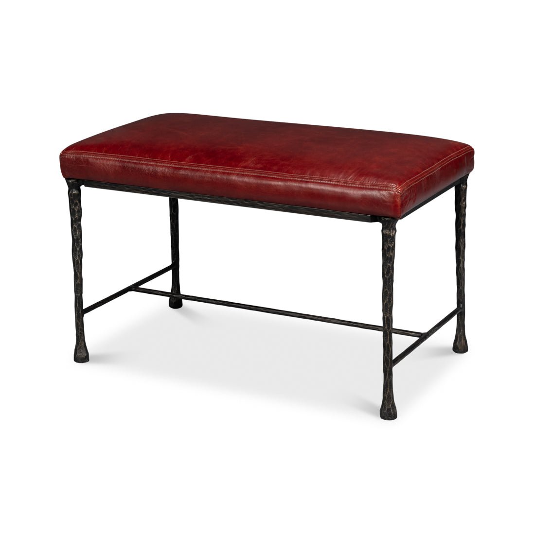 Red Leather and Iron Rustic Small Bench - English Georgian America