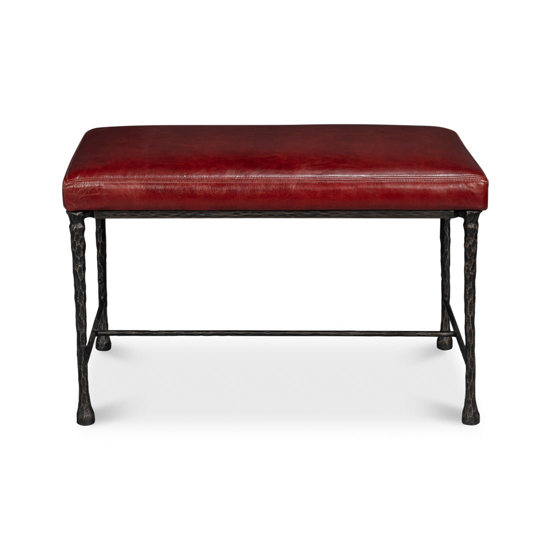 Red Leather and Iron Rustic Small Bench - English Georgian America