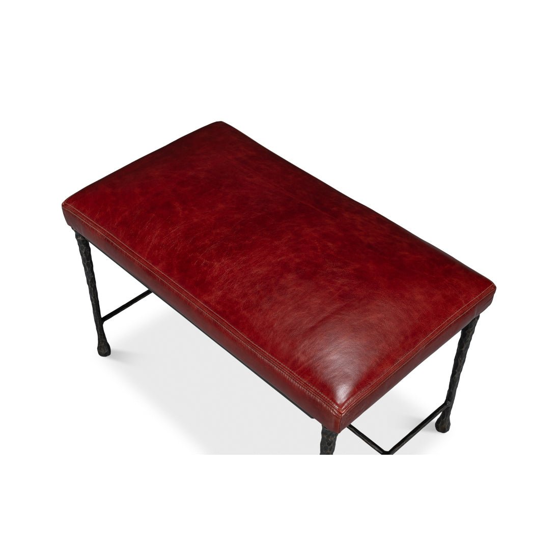 Red Leather and Iron Rustic Small Bench - English Georgian America
