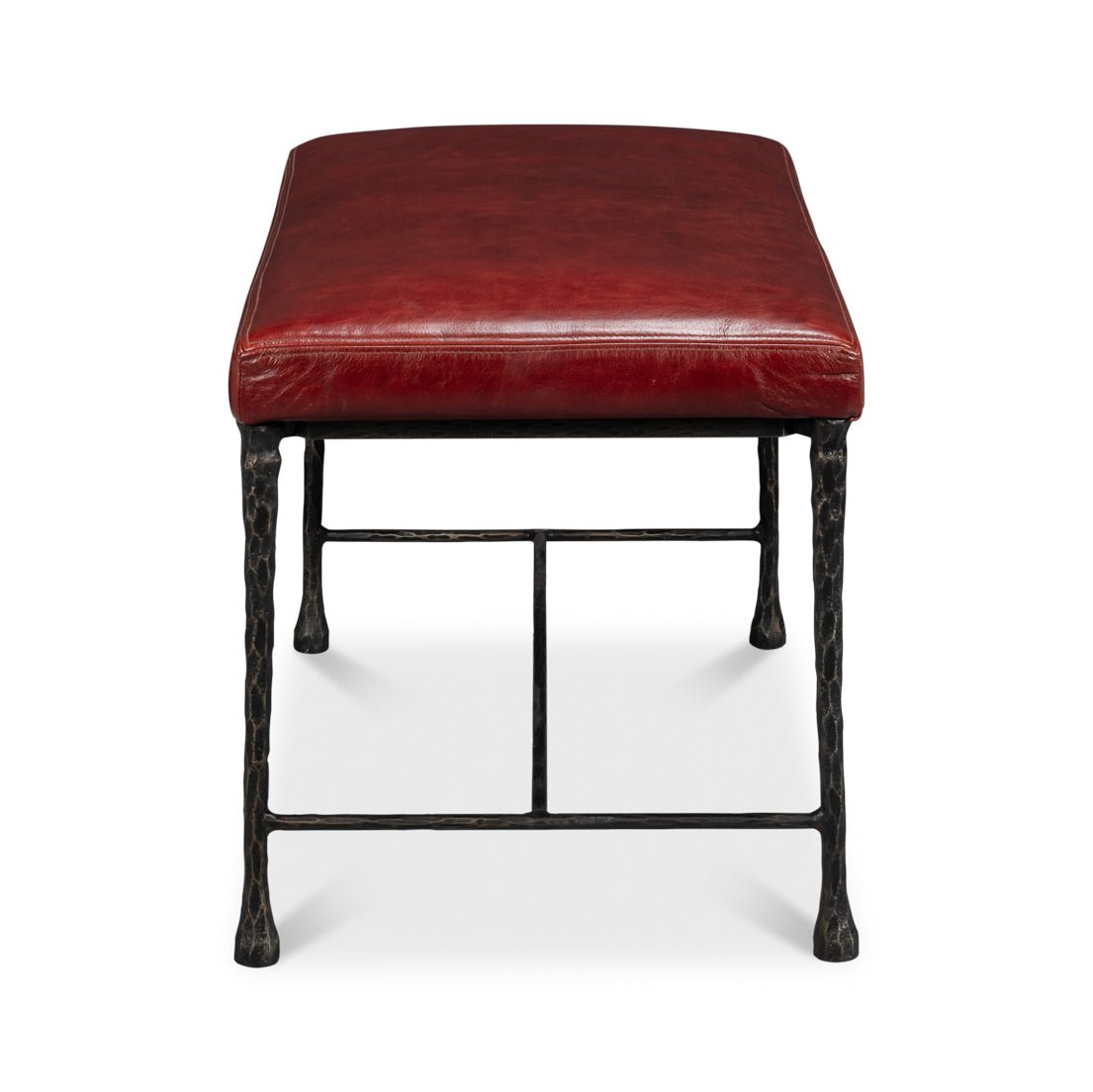Red Leather and Iron Rustic Small Bench - English Georgian America