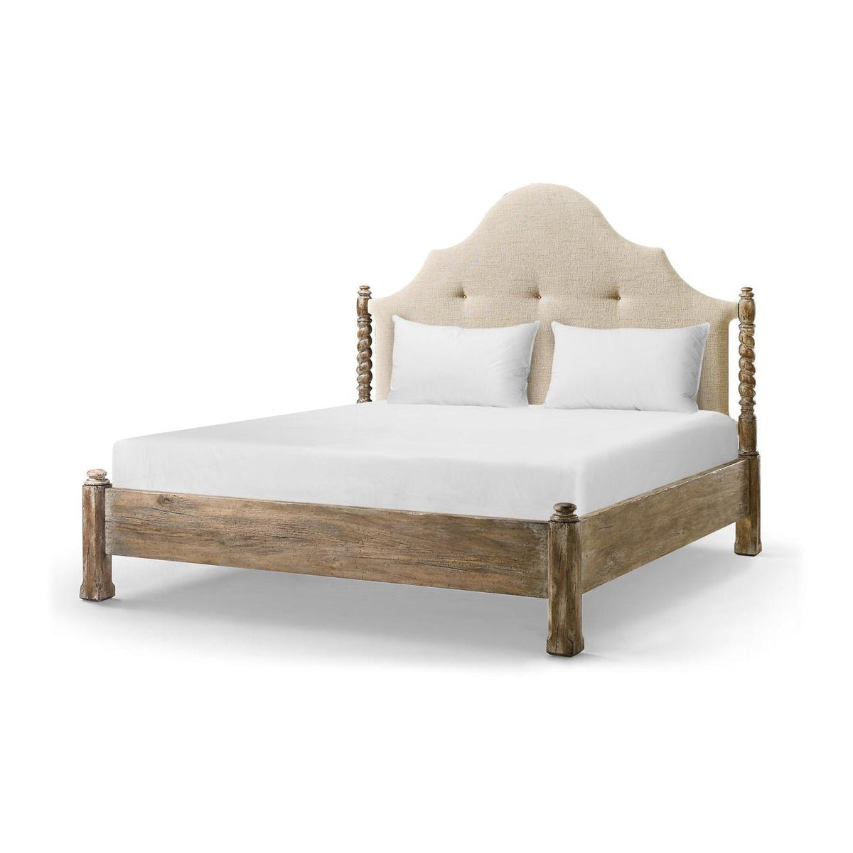 Rustic bed, no posts, angled view, detailed headboard.
