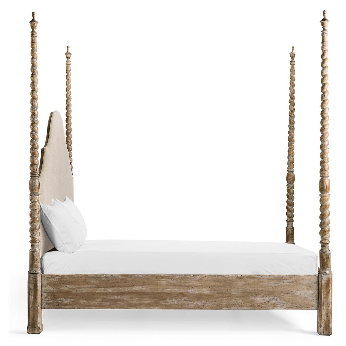 Side view of rustic four-poster bed, white bedding.