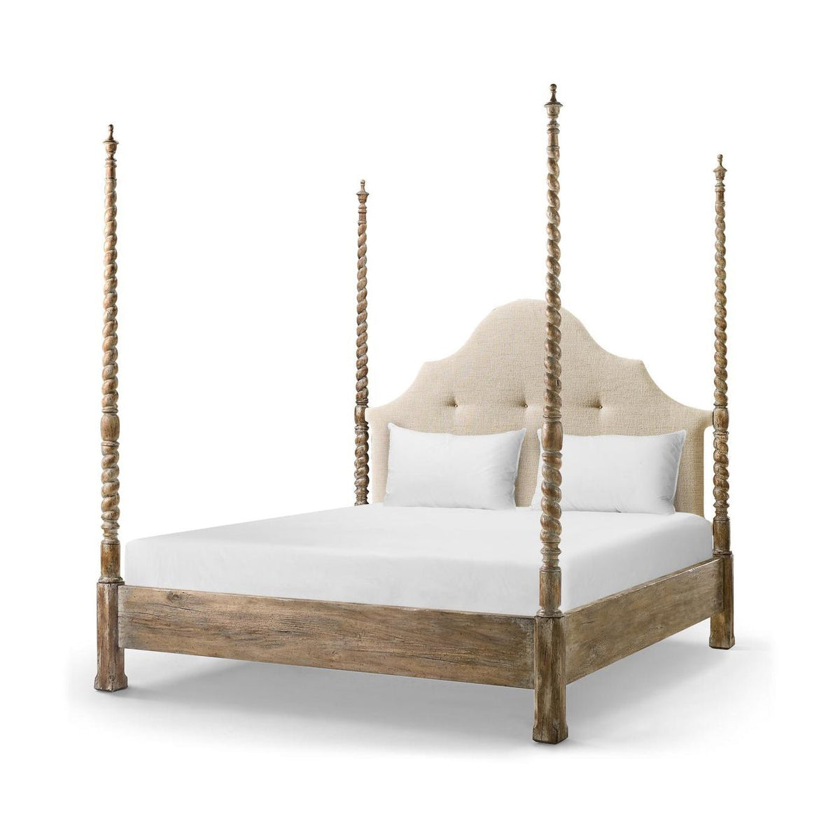 Rustic farmhouse bed angled view with spiral posts.