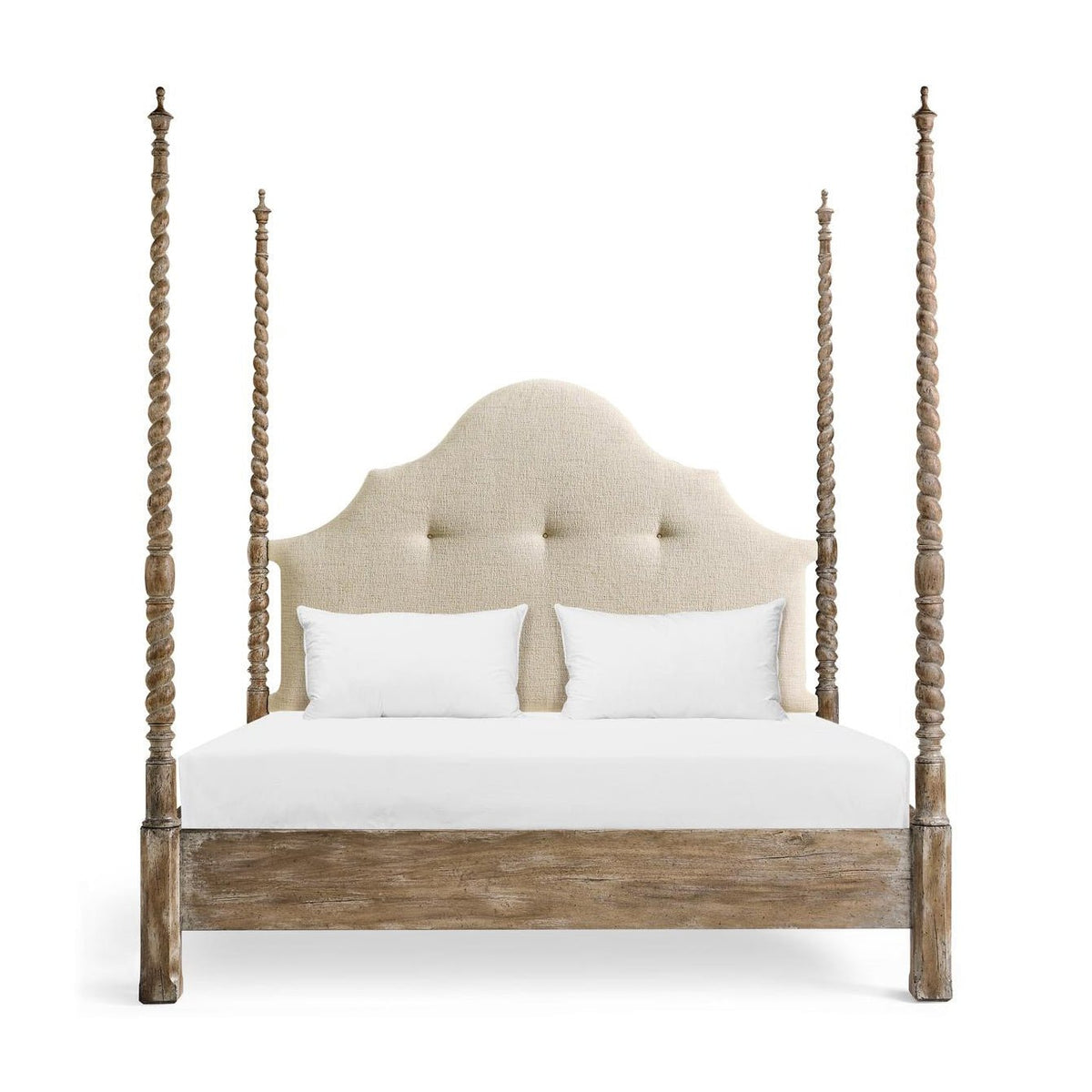Front view of queen-size rustic farmhouse poster bed.