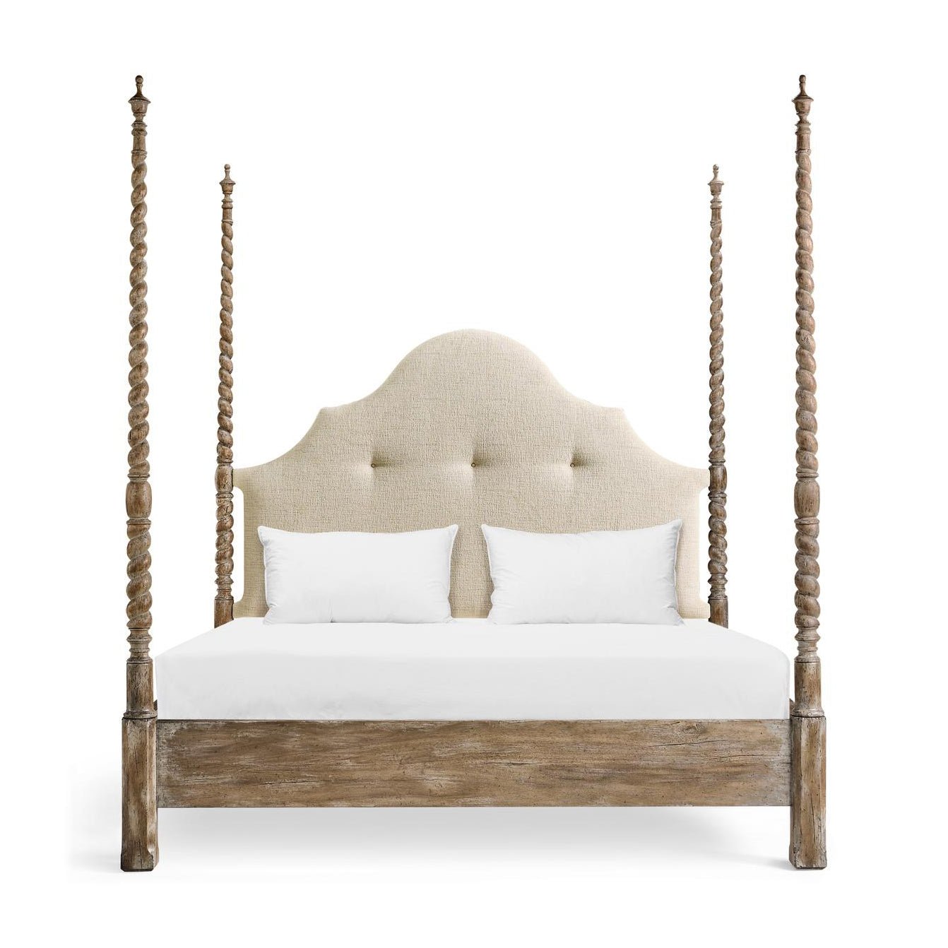 Rustic farmhouse bed angled view with spiral posts.