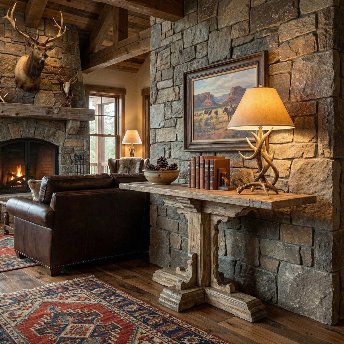 Rustic Farmhouse Trestle Wood Console Table - English Georgian America